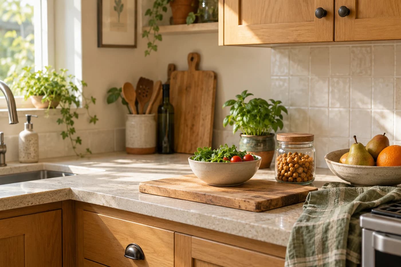 A sunlit home kitchen with a clear prep area, a jar of chickpeas and a bowl of fruit within easy reach.